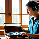 A young adult, fully clothed in modest attire, is peacefully listening to music on a vintage vinyl record player in a cozy, sunlit living room. They are holding a physical record sleeve, appreciating its artwork and texture. The scene emphasizes mindfulness and a calm, slow pace. The room features a comfortable armchair, a wooden bookshelf filled with physical books, and natural light streaming through a window. Perfect anatomy, correct proportions, natural pose, well-formed hands, proper finger count, natural body proportions. Professional photography, high quality, safe for work, appropriate content, professional, family-friendly.