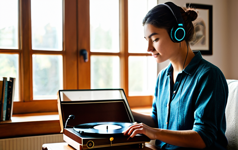 A young adult, fully clothed in modest attire, is peacefully listening to music on a vintage vinyl record player in a cozy, sunlit living room. They are holding a physical record sleeve, appreciating its artwork and texture. The scene emphasizes mindfulness and a calm, slow pace. The room features a comfortable armchair, a wooden bookshelf filled with physical books, and natural light streaming through a window. Perfect anatomy, correct proportions, natural pose, well-formed hands, proper finger count, natural body proportions. Professional photography, high quality, safe for work, appropriate content, professional, family-friendly.