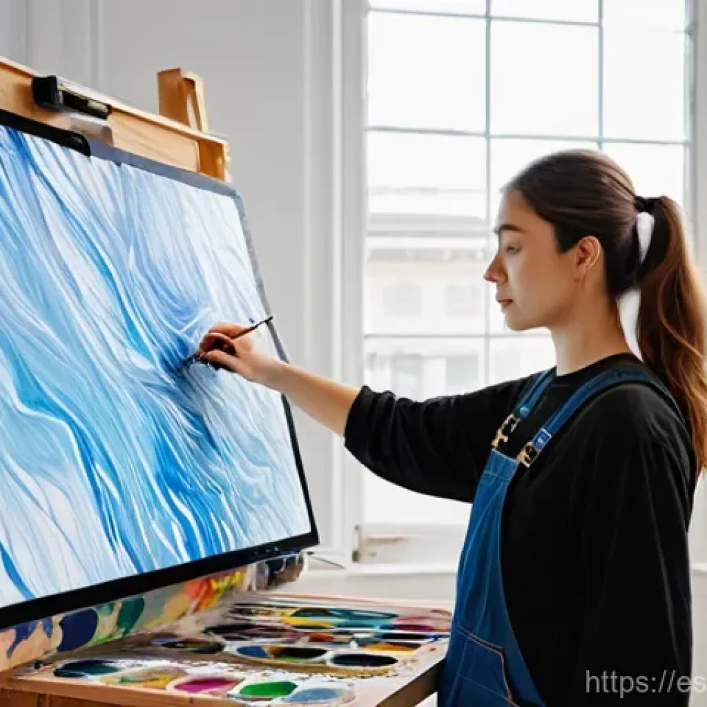 뉴아날로그 트렌드와 현대 예술의 접목 - **A Hybrid Art Creation:** A young female artist, dressed in stylish yet practical work overalls and...