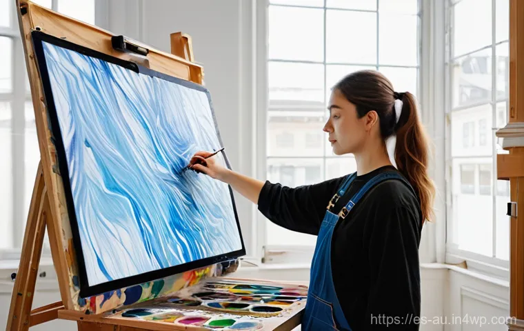 뉴아날로그 트렌드와 현대 예술의 접목 - **A Hybrid Art Creation:** A young female artist, dressed in stylish yet practical work overalls and...