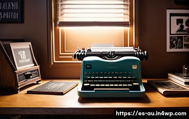 뉴아날로그 트렌드와 새로운 미디어 형식 - A cozy vintage-inspired graphic design workspace featuring warm earthy tones, classic serif typograp...