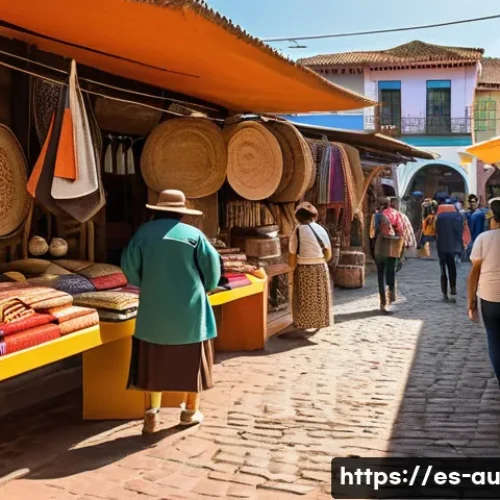 뉴아날로그 트렌드의 마케팅 성공 사례 - A cozy artisanal market scene in a vibrant Latin American city, featuring small local brands selling...
