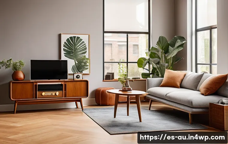 뉴아날로그 트렌드의 한계와 문제점 - A modern urban living room decorated in New Analog style, blending vintage mid-century furniture wit...