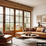 뉴아날로그 트렌드에 대한 전문가 인터뷰 - A cozy, stylish interior design scene showcasing the New Analog aesthetic: warm natural light filter...