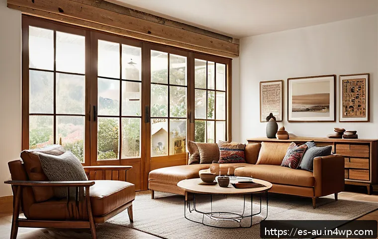 뉴아날로그 트렌드에 대한 전문가 인터뷰 - A cozy, stylish interior design scene showcasing the New Analog aesthetic: warm natural light filter...