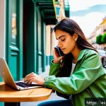 뉴아날로그 트렌드와 자아 정체성 - A young Hispanic woman sitting at a cozy café table in Madrid, thoughtfully using her smartphone and...