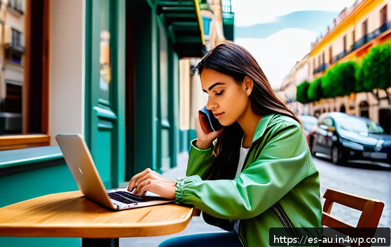 뉴아날로그 트렌드와 자아 정체성 - A young Hispanic woman sitting at a cozy café table in Madrid, thoughtfully using her smartphone and...