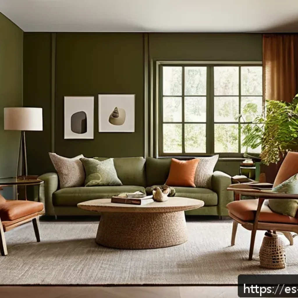 뉴아날로그 트렌드와 색깔의 의미 - A contemporary living room featuring a harmonious New Analog color palette with soft moss greens and...