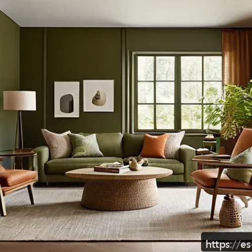 뉴아날로그 트렌드와 색깔의 의미 - A contemporary living room featuring a harmonious New Analog color palette with soft moss greens and...
