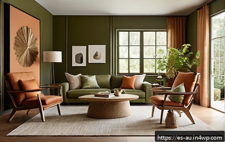 뉴아날로그 트렌드와 색깔의 의미 - A contemporary living room featuring a harmonious New Analog color palette with soft moss greens and...